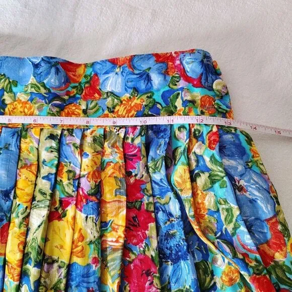 Floral Pleated Skirt Womens Size 8 Vintage 90s High Waist Midi Bright Colorful - Picture 6 of 9